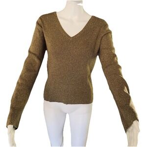 RALPH LAUREN RALPH Women's GOLD METALLIC V NECK LONG SLEEVE SZ-M 66% Rayon & Ny-